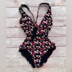 SKINNYDIPPERS Floral One-Piece Swimsuit - Black with Pink & Orange Flowers